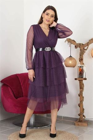 Neşeli butik kadın kemerli eteği kat kat yeni sezon tül elbise NB10006