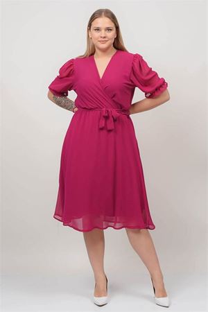 Neşeli butik kadın kruvaze yaka midi boy büyük beden şifon elbise NB8062