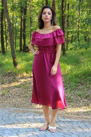 Neşeli Butik Kadın bağlama detaylı madonna yaka yeni sezon şifon elbise NB8060