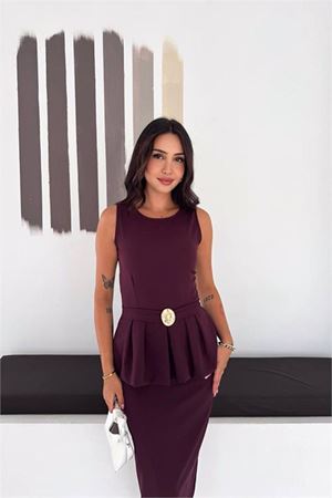 Neşeli butik kadın mürdüm kolsuz peplum kesim midi boy kemer tokalı elbise NBK4640
