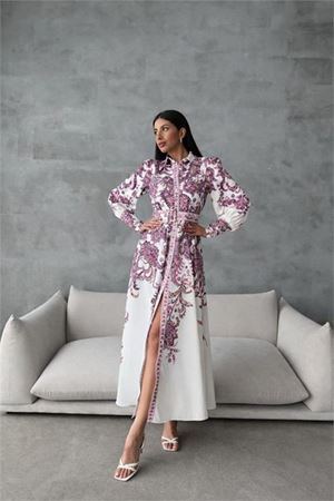 Neşeli butik kadın mor kemerli uzun desenli gömlek elbise NBMS4220