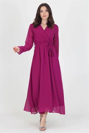 Neşeli Butik Kadın Yeni Sezon Astarlı Kruvaze Yaka Uzun Şifon Elbise NB003