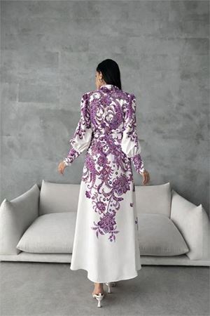 Neşeli butik kadın mor kemerli uzun desenli gömlek elbise NBMS4220