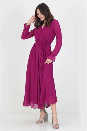 Neşeli Butik Kadın Yeni Sezon Astarlı Kruvaze Yaka Uzun Şifon Elbise NB003