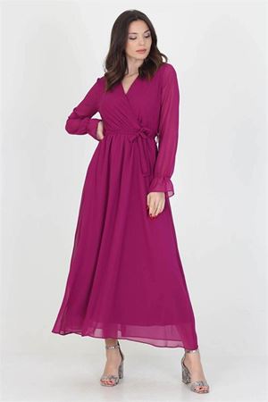 Neşeli Butik Kadın Yeni Sezon Astarlı Kruvaze Yaka Uzun Şifon Elbise NB003