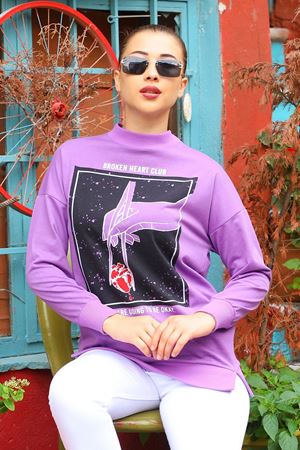 Neşeli Butik Kadın El Baskılı Salaş Sweatshirt NB7023
