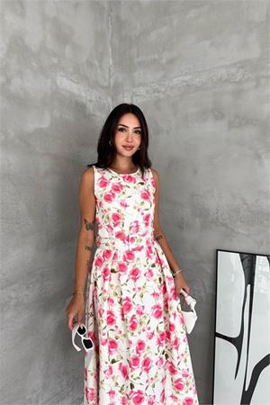 Neşeli butik kadın pembe çiçek desenli kolsuz midi boy kloş kemerli elbise NBK4645