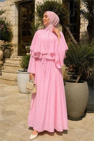 Neşeli butik kadın pembe kat kat pelerin detaylı tül modal gömlek yaka tesettür elbise NBVQ4968