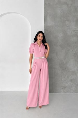 Neşeli butik kadın pembe gömlek yaka kemerli geniş paça tulum NBK4197