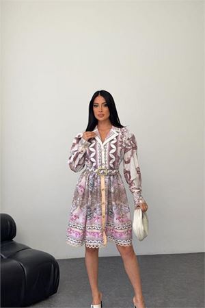 Neşeli butik kadın pembe kemer detaylı mini boy tasarım elbise NBMS25111
