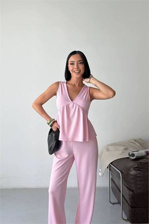 Neşeli butik kadın pembe modal kumaş volanlı atlet geniş paça pantolon yazlık ikili takım NBG132