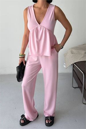 Neşeli butik kadın pembe modal kumaş volanlı atlet geniş paça pantolon yazlık ikili takım NBG132