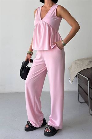 Neşeli butik kadın pembe modal kumaş volanlı atlet geniş paça pantolon yazlık ikili takım NBG132