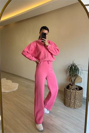 Neşeli butik kadın fermuarlı oversize sweat ve yüksek bel eşofman takımı NM018