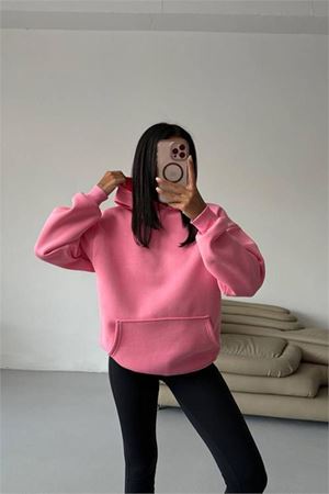 Neşeli butik kadın kapüşonlu kanguru cepli oversize sweat NBG109