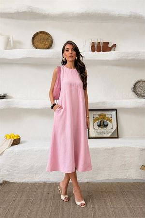 Neşeli butik kadın pembe cep detaylı kolsuz oversize yazlık elbise NBNP038