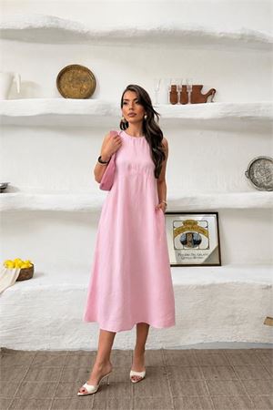 Neşeli butik kadın pembe cep detaylı kolsuz oversize yazlık elbise NBNP038