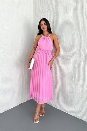 Neşeli butik kadın kuşaklı midi boy askılı şifon elbise NBK4207
