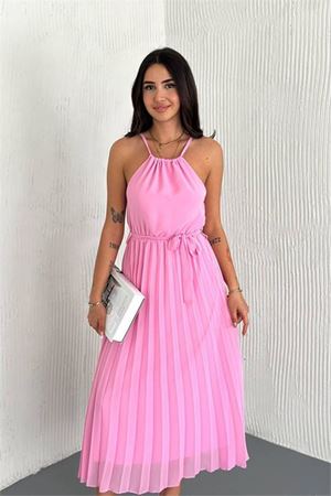Neşeli butik kadın kuşaklı midi boy askılı şifon elbise NBK4207