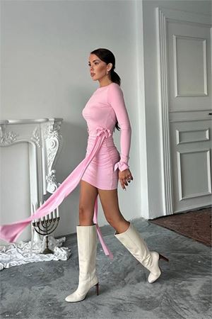 Neşeli butik kadın yan kurdele detaylı mini elbise NBDF167
