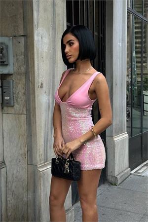 Neşeli butik kadın payetli dalgıç kumaş mini elbise NBDF176