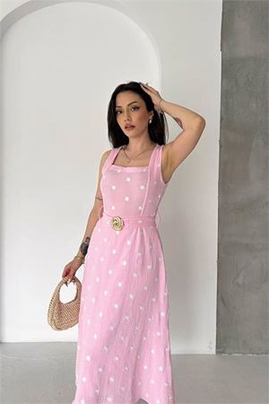 Neşeli butik kadın pembe çiçek nakışlı kemer detaylı kare yaka midi boy yazlık elbise ---- NBK086