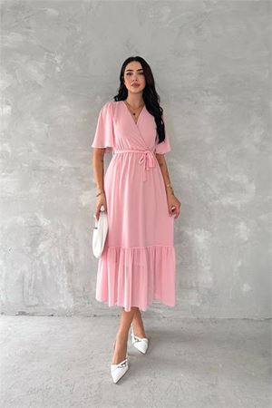 Neşeli butik kadın kruvaze yaka kuşaklı şifon elbise NBK4115