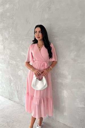 Neşeli butik kadın kruvaze yaka kuşaklı şifon elbise NBK4115