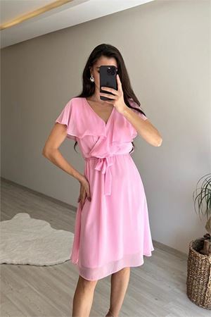 Neşeli butik kadın v yaka kuşaklı mini şifon elbise NM007