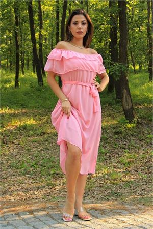 Neşeli butik kadın pembe kuşaklı madonna yaka baby shower elbise NB8060