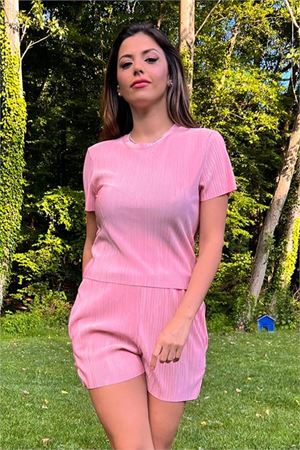 Neşeli butik kadın pudra piliseli alt üst şortlu takım NB10047
