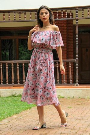 Neşeli butik kadın pudra madonna kuşaklı yeni sezon desenli şifon elbise NB10037