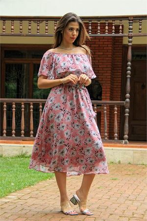 Neşeli butik kadın pudra madonna kuşaklı yeni sezon desenli şifon elbise NB10037