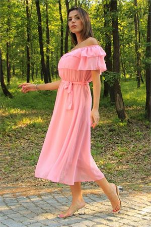Neşeli butik kadın pembe kuşaklı madonna yaka baby shower elbise NB8060