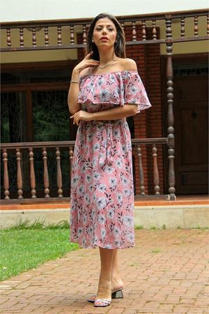 Neşeli butik kadın pudra madonna kuşaklı yeni sezon desenli şifon elbise NB10037