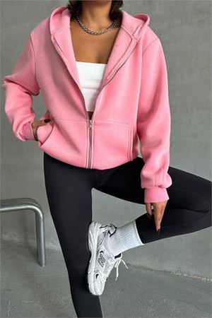 Neşeli butik kadın pembe kapuşonlu içi pamuklu sweat NBG030