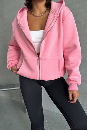 Neşeli butik kadın pembe kapuşonlu içi pamuklu sweat NBG030