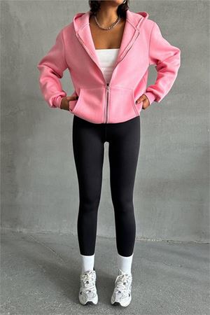 Neşeli butik kadın pembe kapuşonlu içi pamuklu sweat NBG030