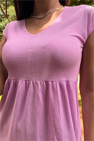Neşeli butik kadın pudra yeni sezon V-yaka eteği fırfırlı yazlık elbise LPTR02