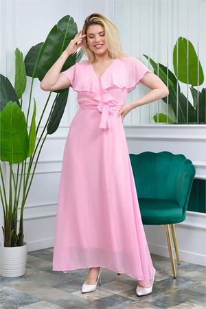 Neşeli Butik Kadın Pudra Kruvaze Yaka Bağlama Detaylı baby shower Şifon Elbise NB0001