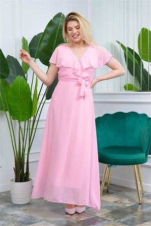 Neşeli Butik Kadın Pudra Kruvaze Yaka Bağlama Detaylı baby shower Şifon Elbise NB0001