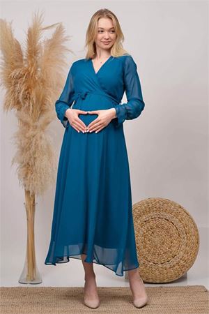 Neşeli butik kadın yeni sezon kruvaze yaka şifon hamile elbise HML003