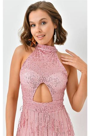 Neşeli butik kadın mini pul payet saçaklı abiye elbise NBSWLL05