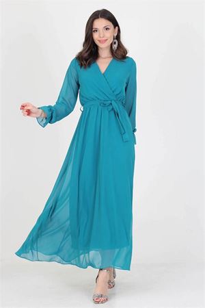 Neşeli Butik Kadın Yeni Sezon Astarlı Kruvaze Yaka Uzun Şifon Elbise NB003