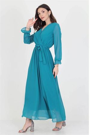 Neşeli Butik Kadın Yeni Sezon Astarlı Kruvaze Yaka Uzun Şifon Elbise NB003