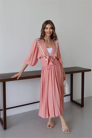 Neşeli butik kadın püskül detaylı yırtmaçlı bohem takım NBNP015