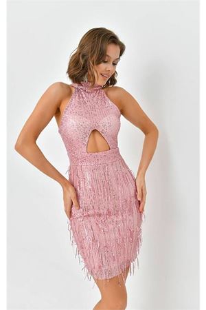 Neşeli butik kadın mini pul payet saçaklı abiye elbise NBSWLL05