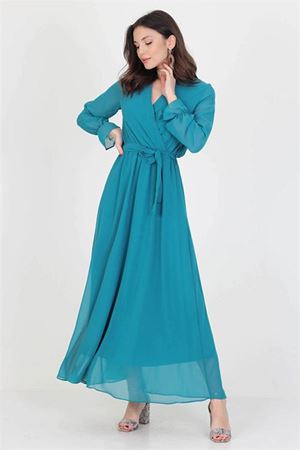 Neşeli Butik Kadın Yeni Sezon Astarlı Kruvaze Yaka Uzun Şifon Elbise NB003