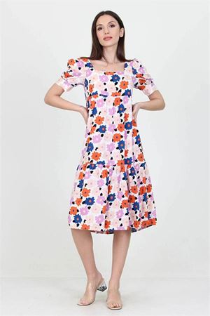 Neşeli butik kadın pudra kare yaka eteği fırfırlı çiçek desenli viskon elbise NB10026