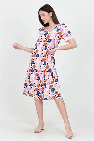Neşeli butik kadın pudra kare yaka eteği fırfırlı çiçek desenli viskon elbise NB10026